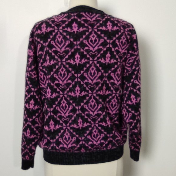 Vintage 80s Bow Print Sweater Crew Neck Marled Fuzzy Knit Pink Grey Medium - Picture 3 of 13